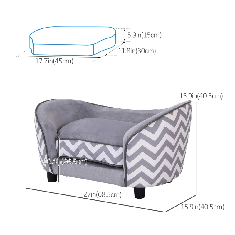 PawHut Pet Sofa Elevated Dog Bed Raised Cat Couch Puppy Furniture for Small Sized Dogs with Storage Removable Cushion Cover Grey