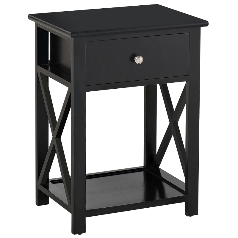 HOMCOM Farmhouse Side Table, End Table with Storage Drawer, Open Shelf and X-Frame, Bedside Table for Living Room, Black