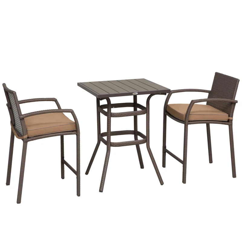 Outsunny 3 Pieces Outdoor Wicker Bistro Bar Set Garden PE Rattan Bar Table and Stools with Seat Cushion, Khaki