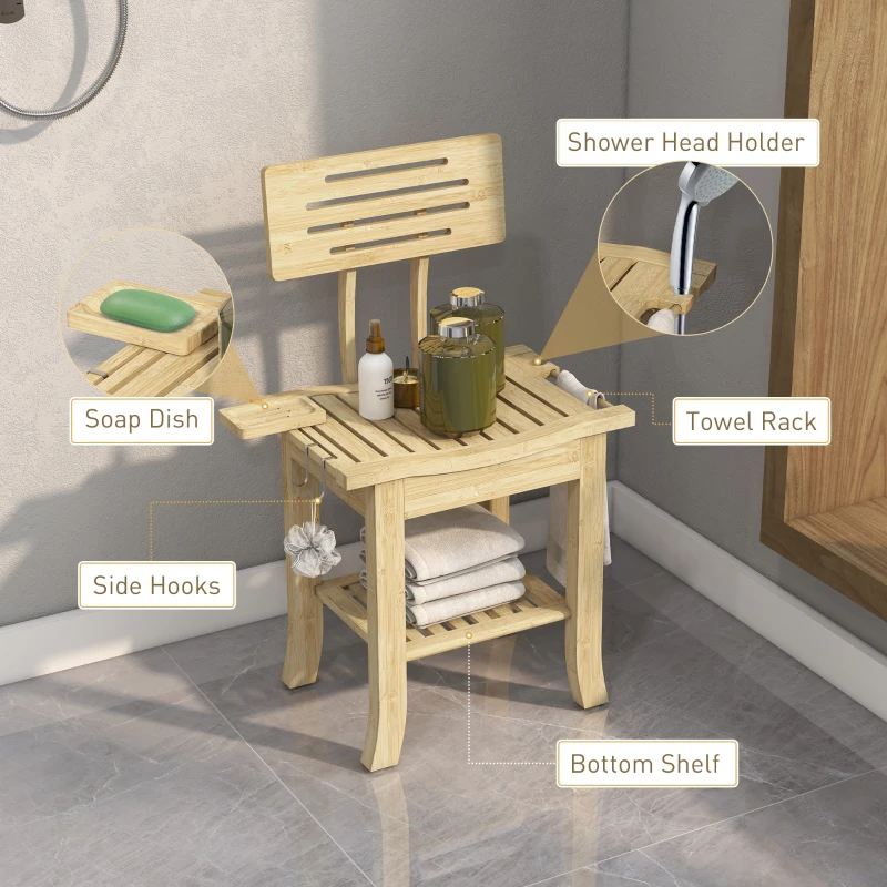 HOMCOM Bathroom Bench with Back, Bamboo Shower Bench with Towel Rack, Shower Head Holder and Soap Dish, Natural Wood
