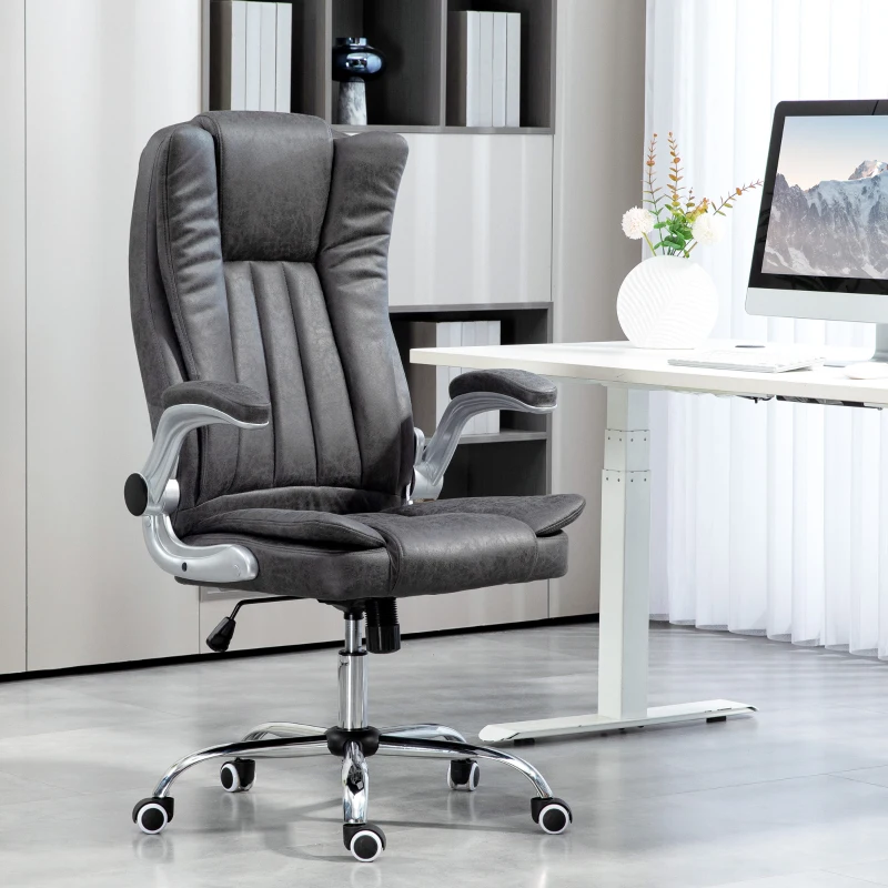 HOMCOM Microfiber Executive Office Chair, Desk Chair with Padded Flip-up Arms, Adjustable Height and Tilt Function, Gray