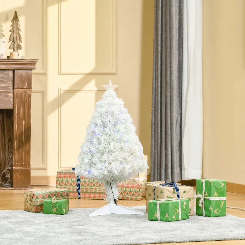 HOMCOM 2.5ft Tall Pre-Lit Douglas Fir Tabletop Artificial Christmas Tree with Realistic Branches, Fiber Optic LED Lights and 85 Tips, White