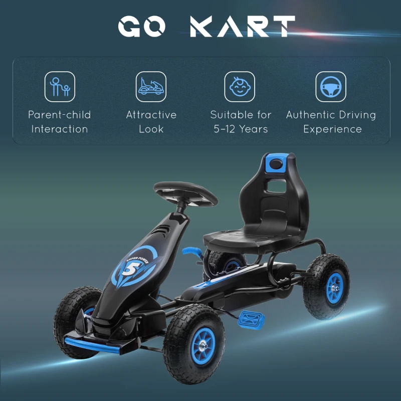 Aosom Kids Pedal Go Kart Ride-on Toy with Ergonomic Comfort, Pedal Car with Tough, Wear-Resistant Tread, Go Cart Kids Car for Boys & Girls with Suspension System, Safety Hand Brake, Ages 5-12, Blue