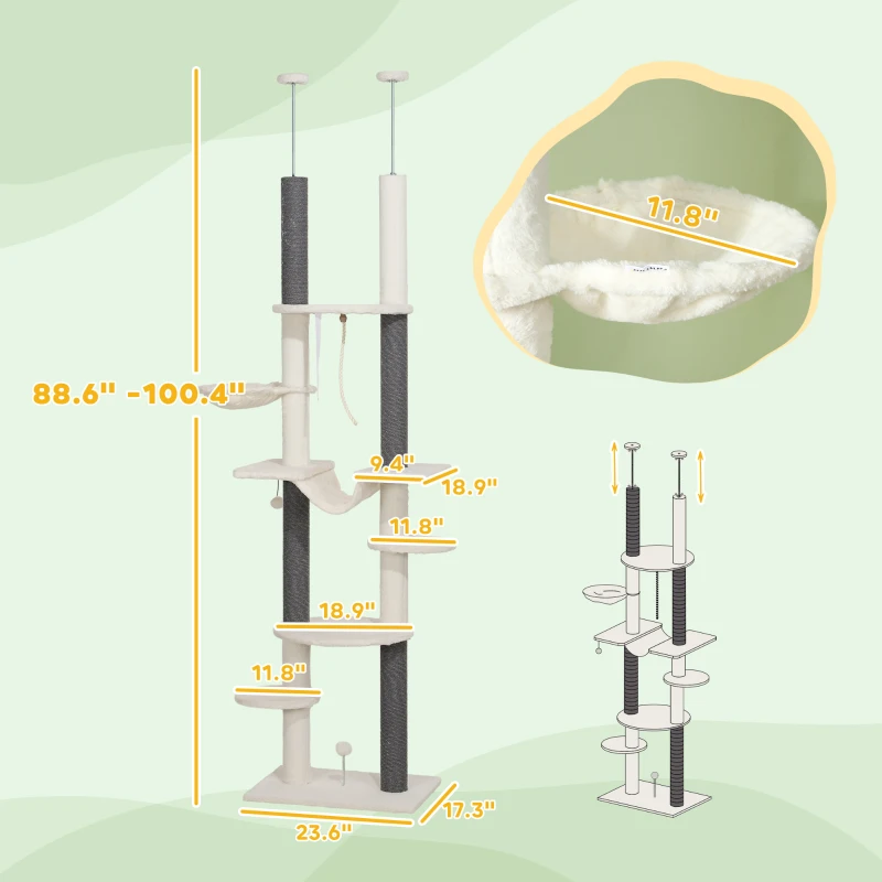 PawHut 89"- 100" Floor to Ceiling Cat Tree with Scratching Posts, Hammock, Perches & Toy Balls, White