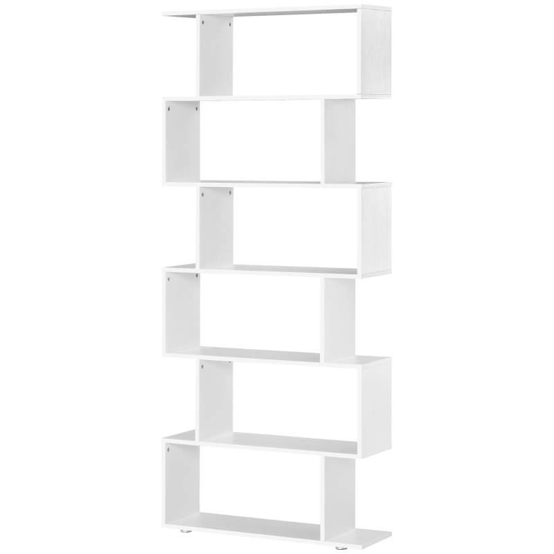 HOMCOM 76" 6-Tier Geometric Wooden Bookcase S Shaped Storage Display Bookshelf Modern shelf Open Concept Living Room Home Office Furniture, White
