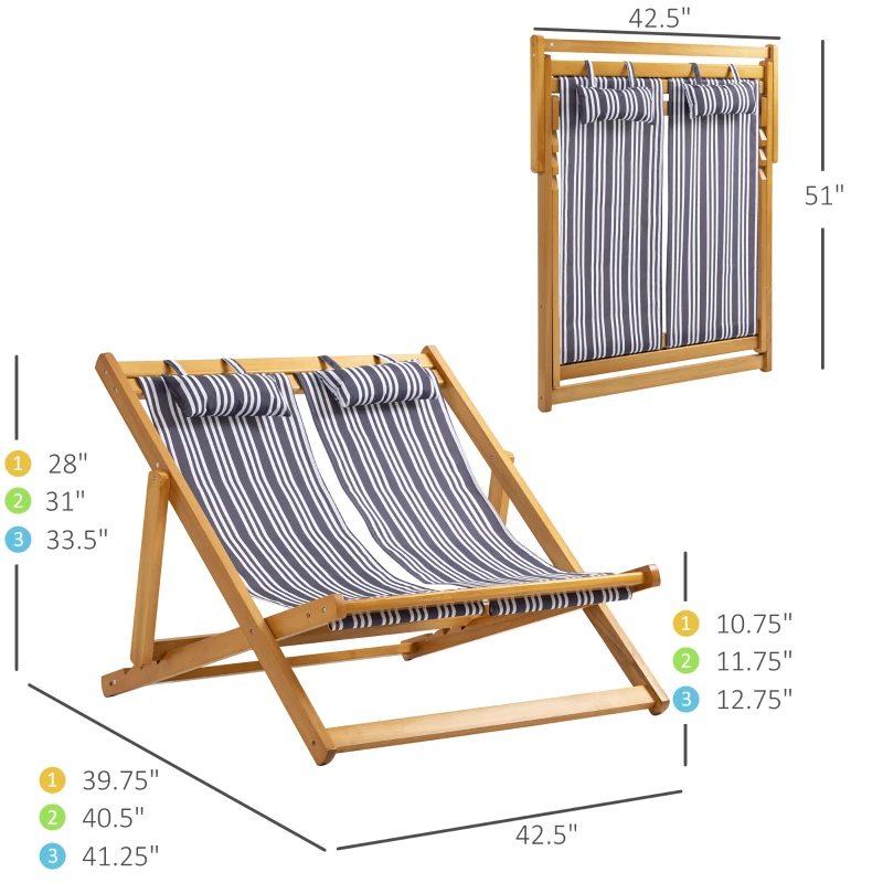 Outsunny 2-Person Sling Chair, Reclining Double Lounger for Patio, Beach, Camping, Lawn, Wood Folding Chair with Recliner Design for 2 Adults, White & Gray Stripes
