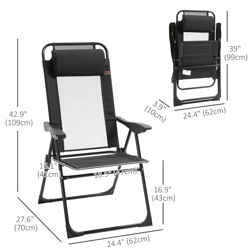 Outsunny Double Camping Chairs Foldable w/ Reclining & Headrest, Black