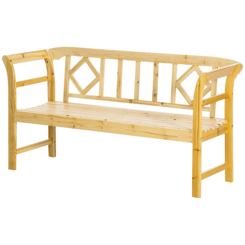 Outsunny Wooden Patio Bench, Outdoor Garden Bench with Backrest and Armrests, 3 Person Porch Bench with Rustic Country Diamond Pattern, Natural