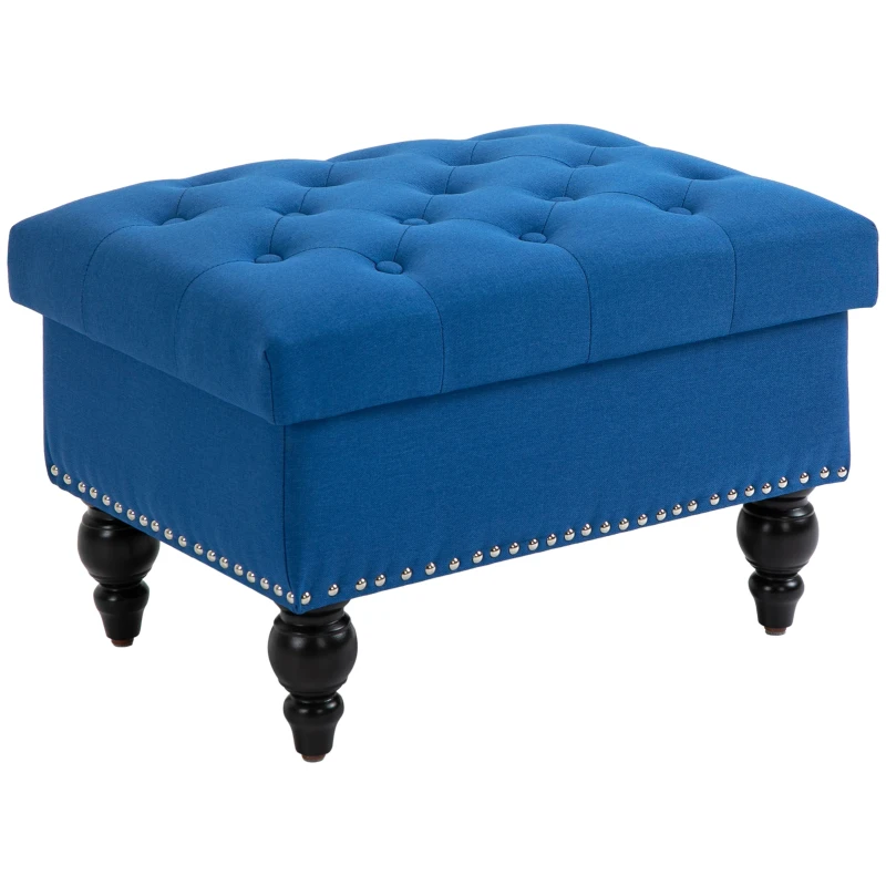 HOMCOM Ottoman with Storage for Living Room, 25" Storage Ottoman with Removable Lid, Button-Tufted Fabric Bench for Footrest and Seat with Wood Legs, Blue