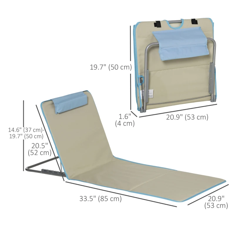Outsunny Set of 2 Beach Lounge Chair, Folding Ground Beach Mat w/ Adjustable Back, Steel Frame, Head Pillow and Carry Bag, Beige