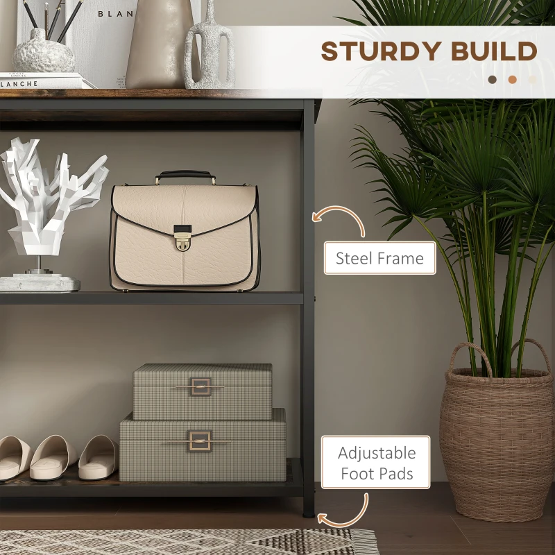 HOMCOM 39" Console Table, Entryway Table with 2 Storage Shelves, Steel Frame, Narrow Sofa Table for Living Room, Brown