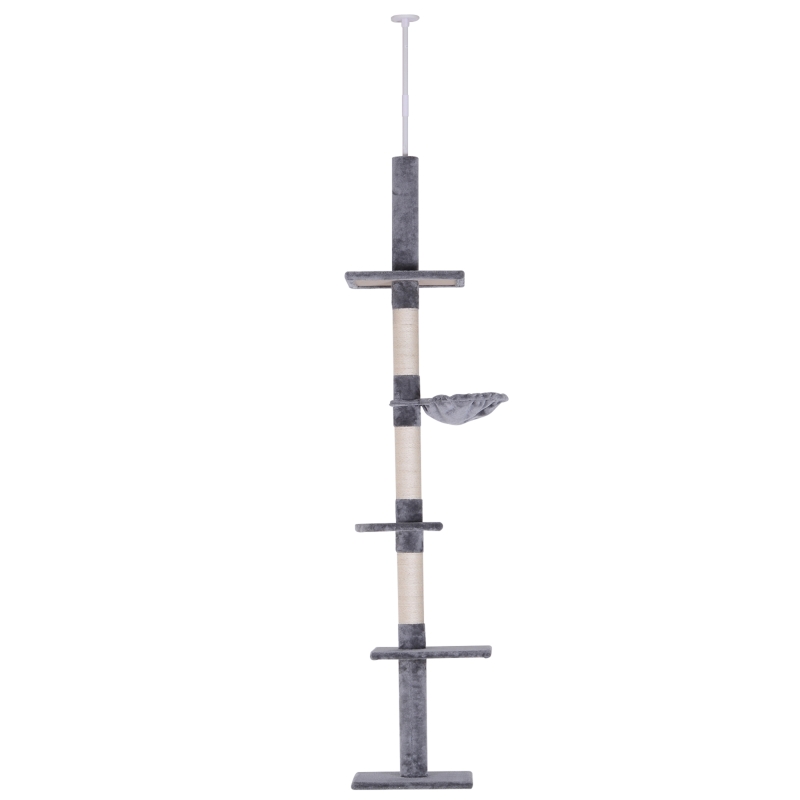 PawHut 102" Adjustable Height Floor to Ceiling Cat Tree, 5 Level Cat Tower with Scratching Posts, Hammock, Gray