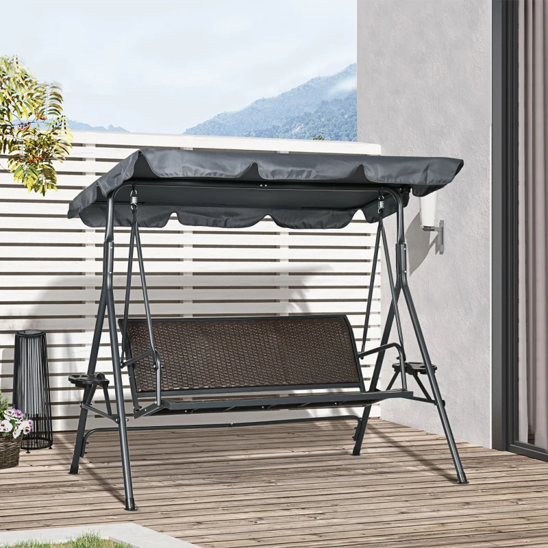 Outsunny 3-Seat Patio Swing Chair, Outdoor Canopy Swing Glider with Adjustable Shade, Rattan Seat and Steel Frame, for Porch, Garden, Poolside, Dark Grey