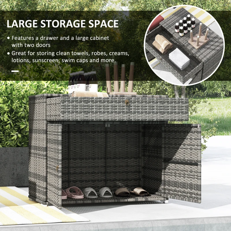 Outsunny Outdoor Storage Cabinet, Wicker 2-Door Pool Towel Storage Cabinet with Drawer, PE Rattan Pool Organizer, Grey