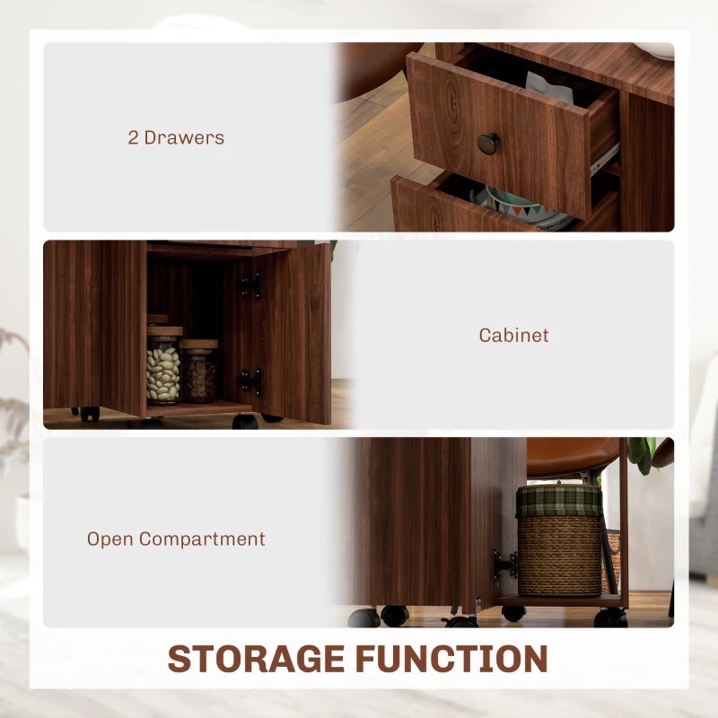 HOMCOM Drop Leaf Dining Table, Mobile Folding Table on Wheels with Drawers and Cabinet for Dining Room, Kitchen, Brown