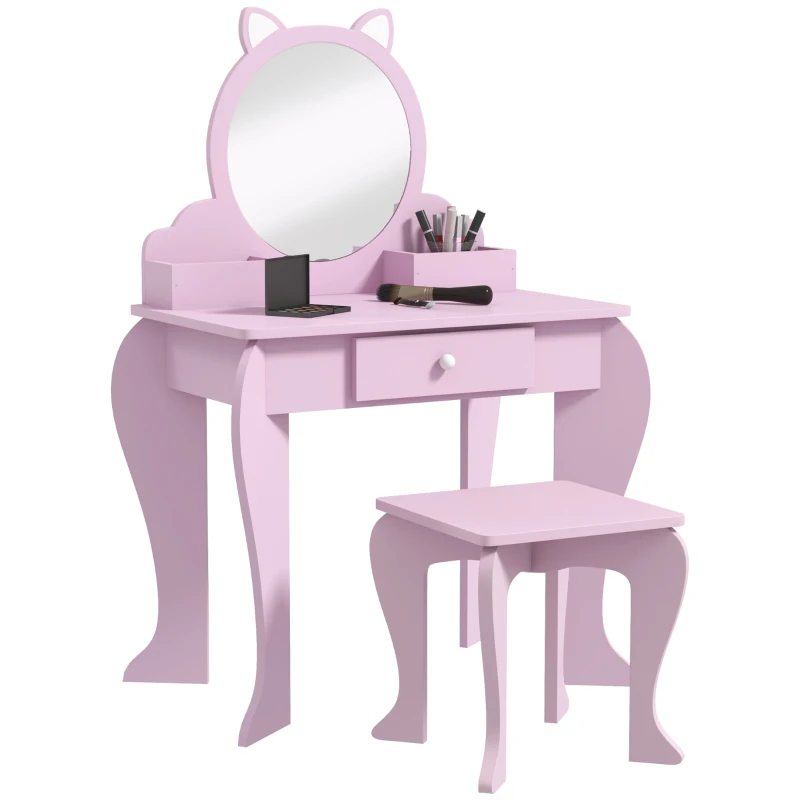 Qaba Makeup Vanity with Mirror and Stool, Cat Design, Drawer, Storage Boxes, for 3-6 Years Old, Pink