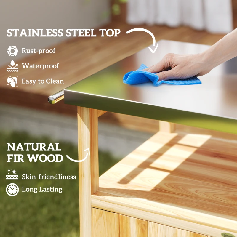 Outsunny Outdoor Grill Cart w/ Stainless Steel Top, Solid Wood Outdoor Kitchen Island w/ Wheels, Integrated Hole, Natural Wood