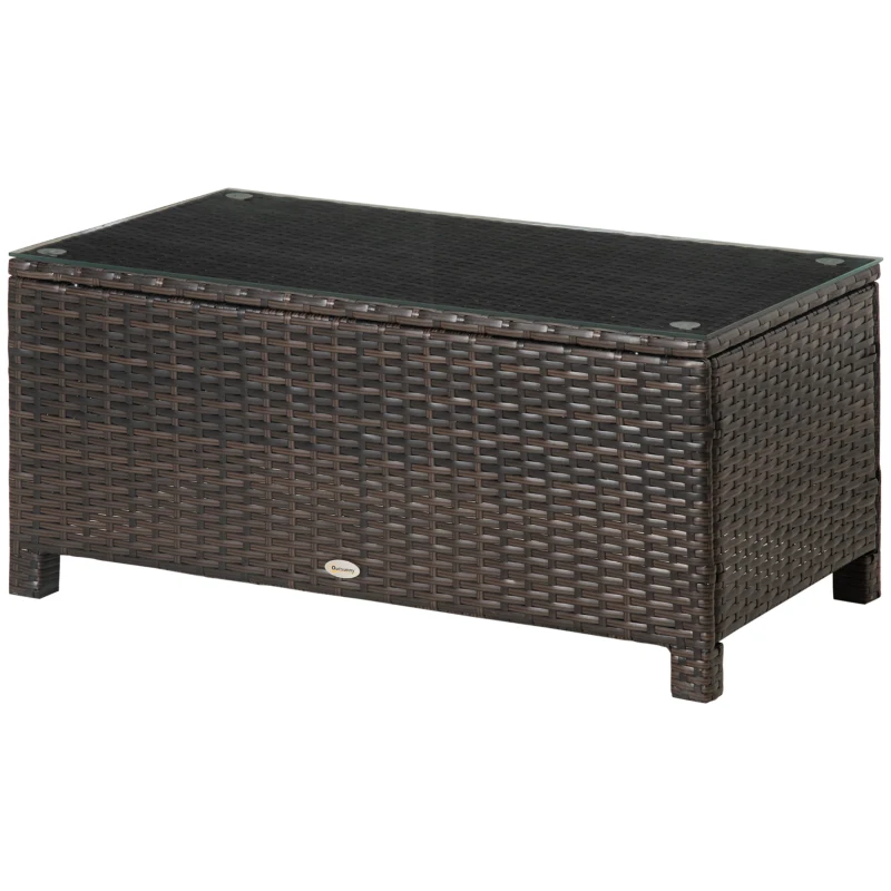 Outsunny Rattan Wicker Coffee Table with Glass Top Outdoor Garden Patio Furniture Brown Tempered