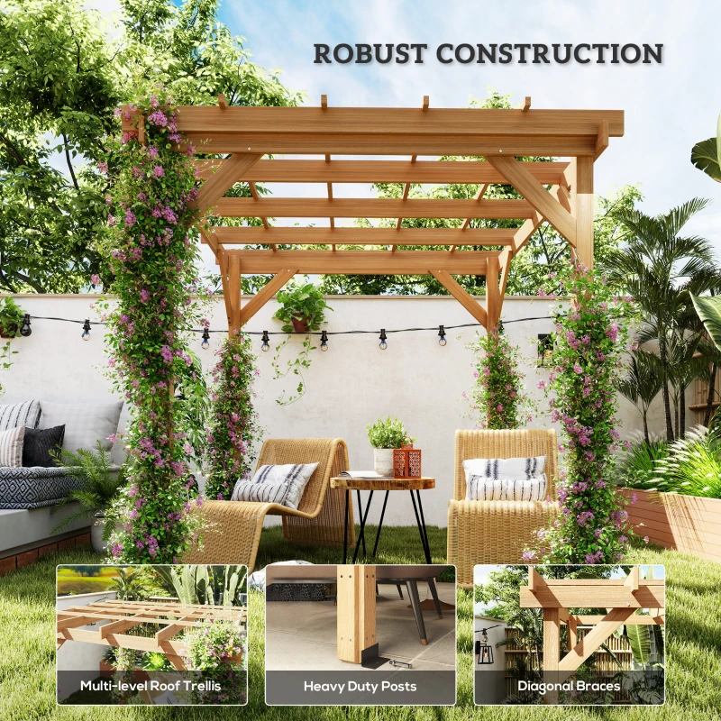 Outsunny 6.6' x 6.6' Wood Pergola, Outdoor Gazebo Grape Trellis with Stable Structure for Climbing Plant Support, Dark Brown