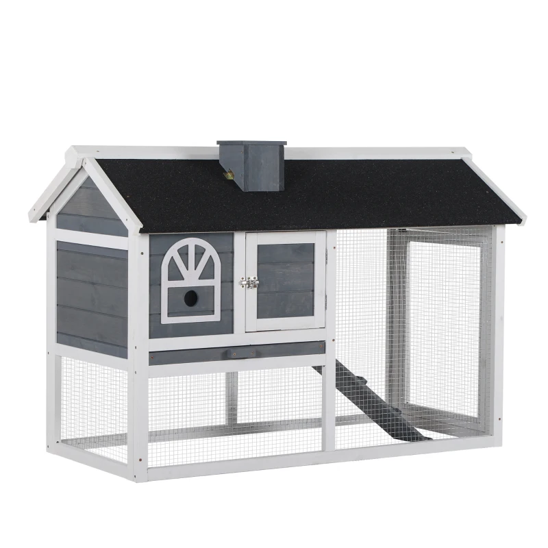 PawHut 47"L Rabbit Hutch Outdoor Bunny Cage with Waterproof Roof, Removable Tray, and Ramp, Grey & White