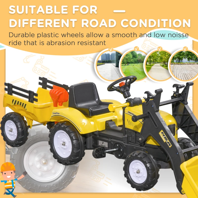 Aosom Ride-On Kids Bulldozer/Excavator Toy with Real Working Dirt Bucket, Easy Pedal Controls, 6 Wheels, & Cargo Trailer