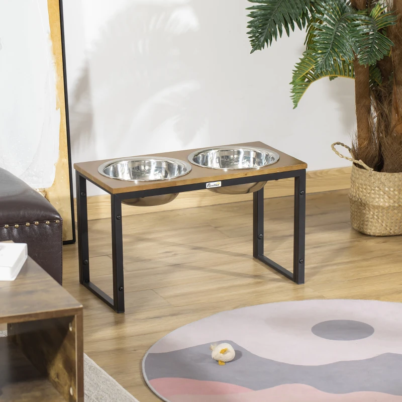 PawHut Elevated Dog Bowls with Stand, Raised Dog Feeder for Large Sized Dogs, Oak