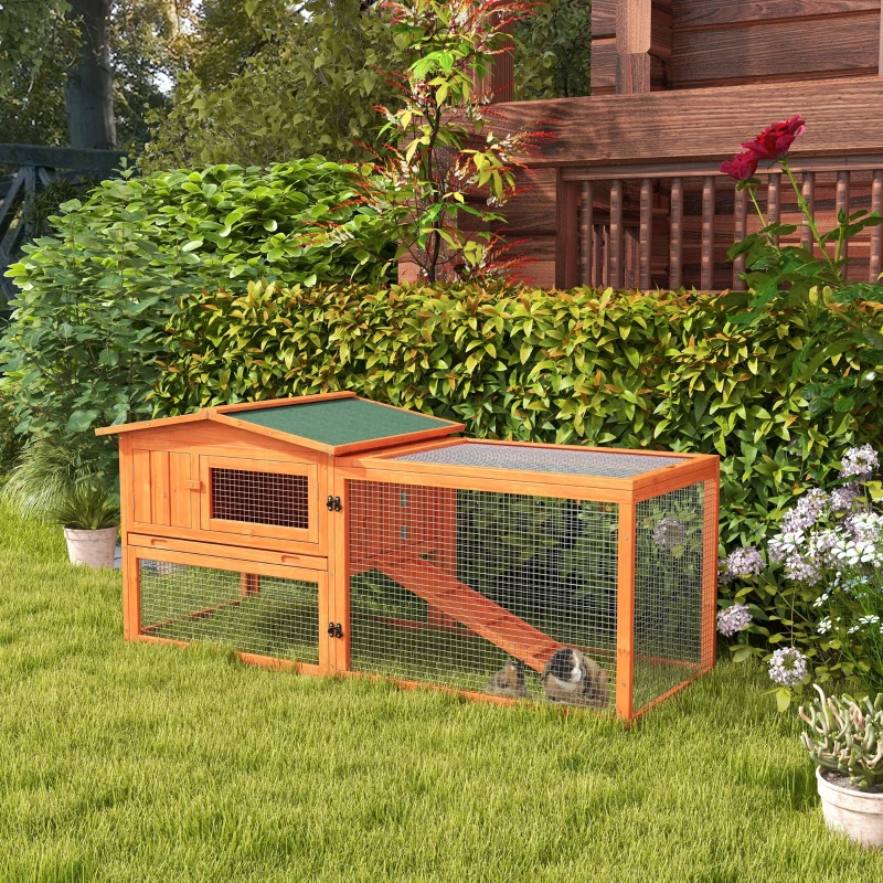 PawHut Rabbit Hutch 2-Story Bunny Cage, Guinea Pig Cage Indoor Outdoor, Small Animal House with Slide Out Tray, for Rabbits, Chickens, Ducks, 61.5" x 23" x 27", Orange