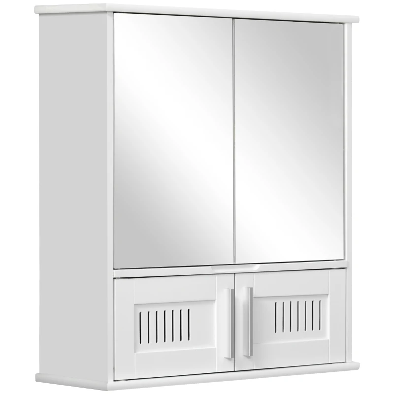 kleankin Medicine Cabinet with Mirror, Bathroom Wall Cabinet with 2 Mirrored Doors, 2 Slat Doors and Adjustable Shelf, White