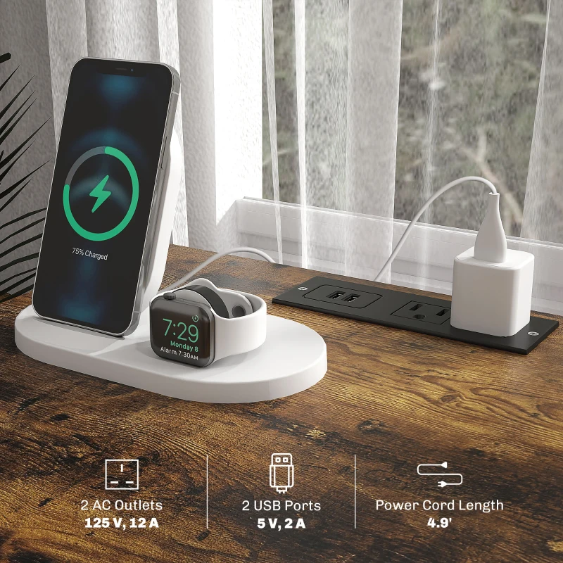 HOMCOM Set of 2 Side Tables with Charging Stations and LED Lights, End Tables with Drawer and Shelves for Living Room, Brown