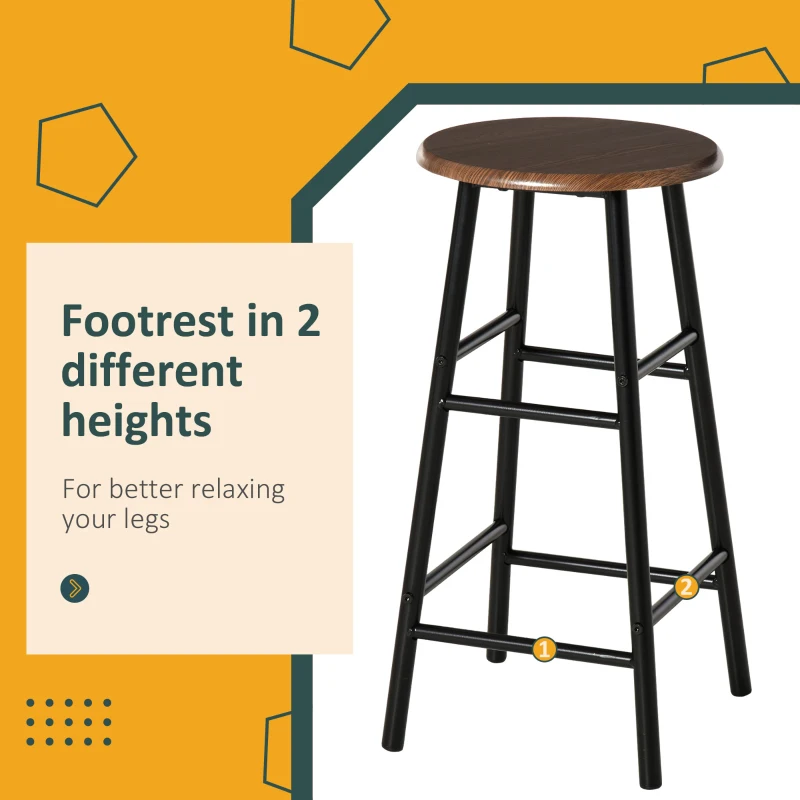 HOMCOM 3 Piece Counter Height Bar Table and Chairs Set, Space Saving Dining Table with 2 Matching Stools, Storage Shelf Metal Frame Footrest, Black, Brown
