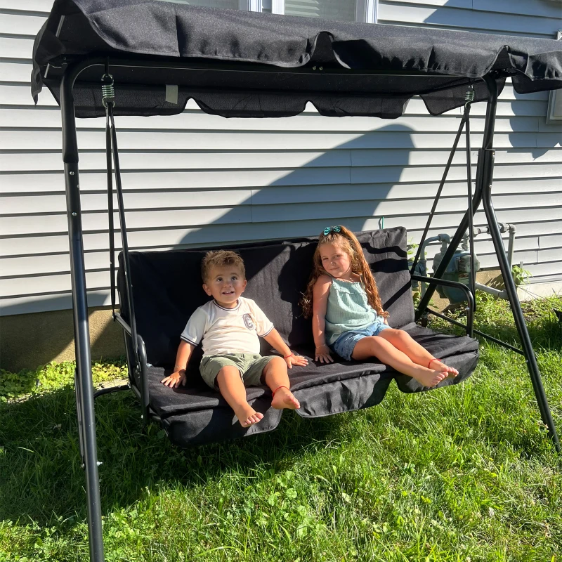 Outsunny 3-Seat Outdoor Patio Swing Chair with Removable Cushion, Steel Frame Stand and Adjustable Tilt Canopy for Patio, Garden, Poolside, Balcony, Backyard, Black