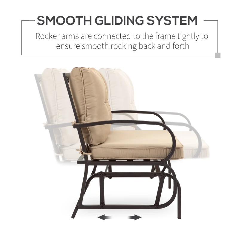 Outsunny 2-Person Outdoor Glider Chair, Patio Double Rocking Loveseat with Steel Frame and Cushions for Backyard, Garden and Porch, Khaki