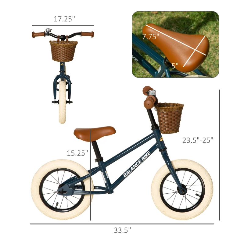 Qaba Kids Balance Bike with Basket, Adjustable Height Handlebars, Soft-Grip Push Bike with Bell, Rubber Tires, Skill-Improving Training Bike Ages 3-6, Little Kids Outdoor Toys