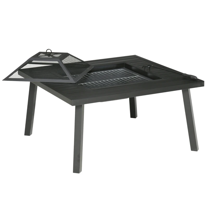 Outsunny 34" Fire Pit with Grill, Metal Outdoor Wood Burning Firepit with Spark Screen, Fire Poker, Cover, Table Lip, Black