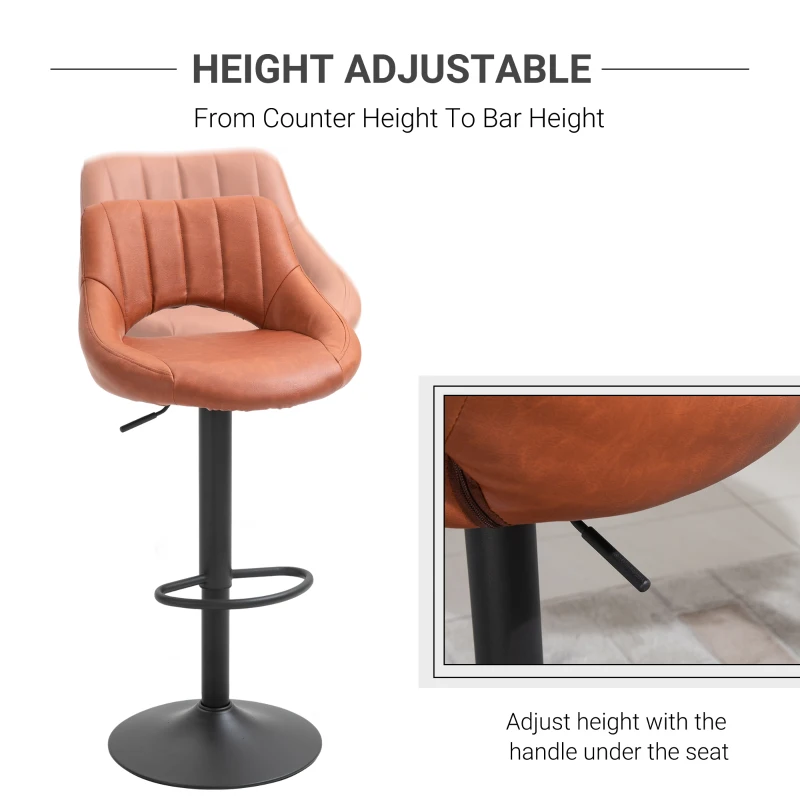 HOMCOM Bar Stools Set of 2 Swivel Bar Height Barstools Chairs with Adjustable Height, Round Heavy Metal Base & Footrest, Brown