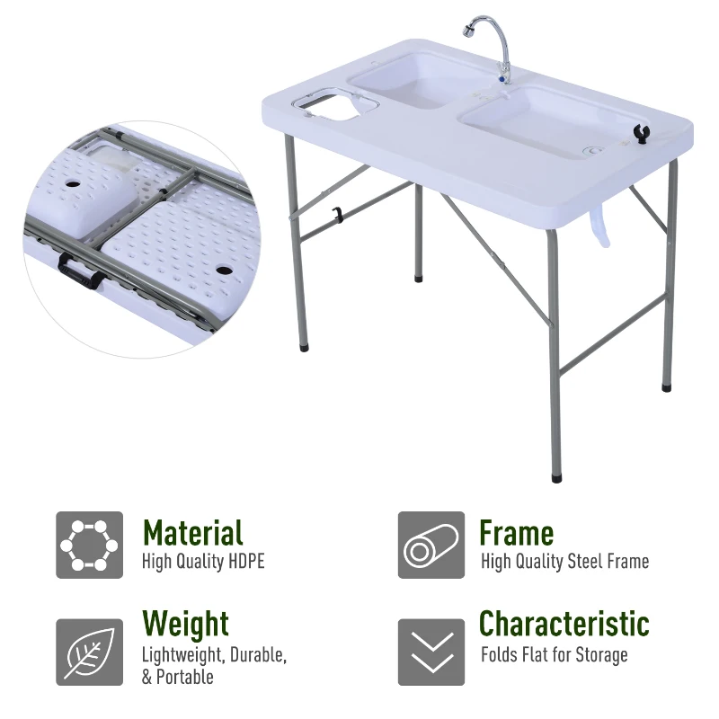 Outsunny 2-in-1 Folding Table with Faucet and Sinks Portable Outdoor Camping BBQ Fishing Table, White