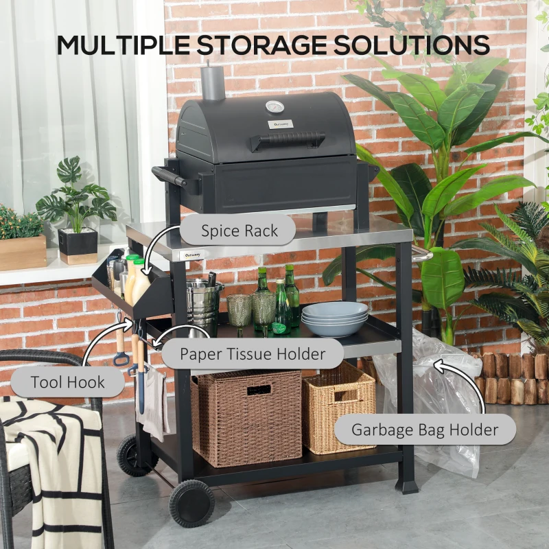 Outsunny 3-Shelf Outdoor Grill Cart Table with Side Handle, Stainless Steel Pizza Oven Stand on Wheels, Black