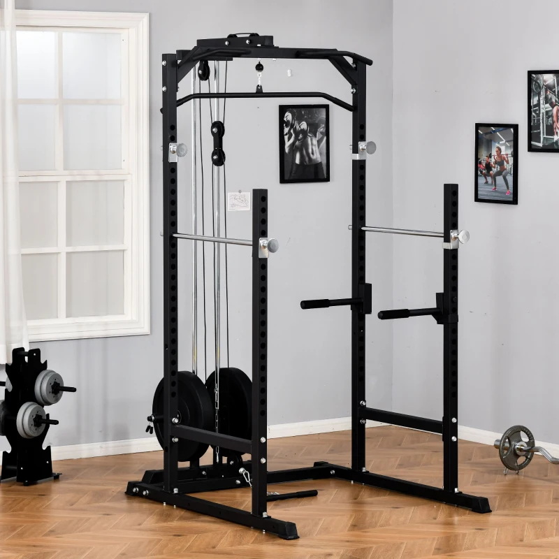 Soozier Power Cage, Power Rack with LAT Pulldown Attachment, Pull-up Bar, T Bar Row Landmine and Dip Handle, Strength Training Workout Station, for Home Gym, 800lbs Capacity