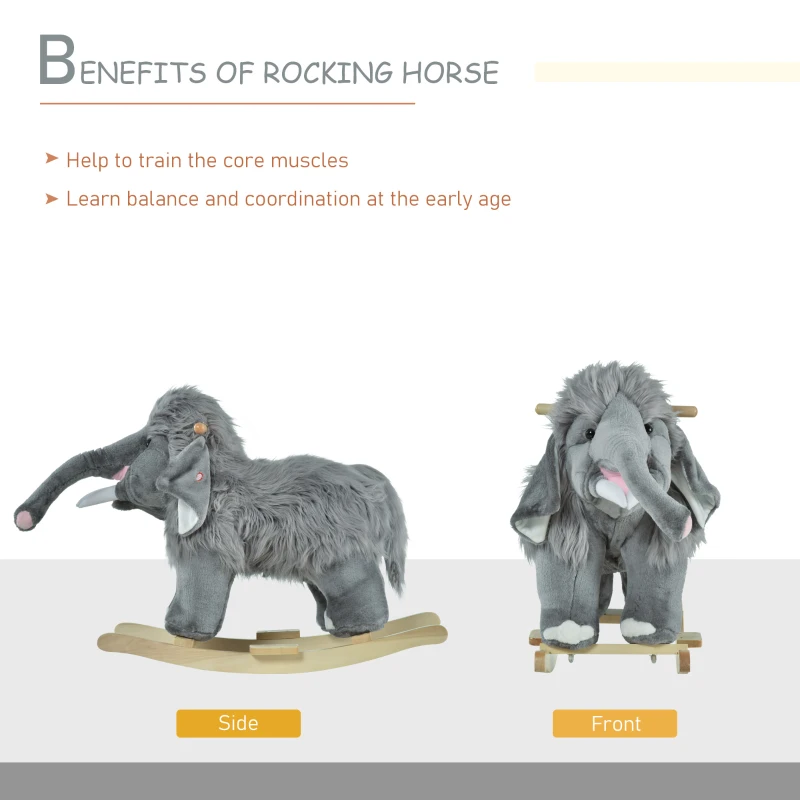 Qaba Kids Ride-On Rocking Horse Toy Mammoth Style Rocker with Fun Music & Soft Plush Fabric for Children 3+ Years