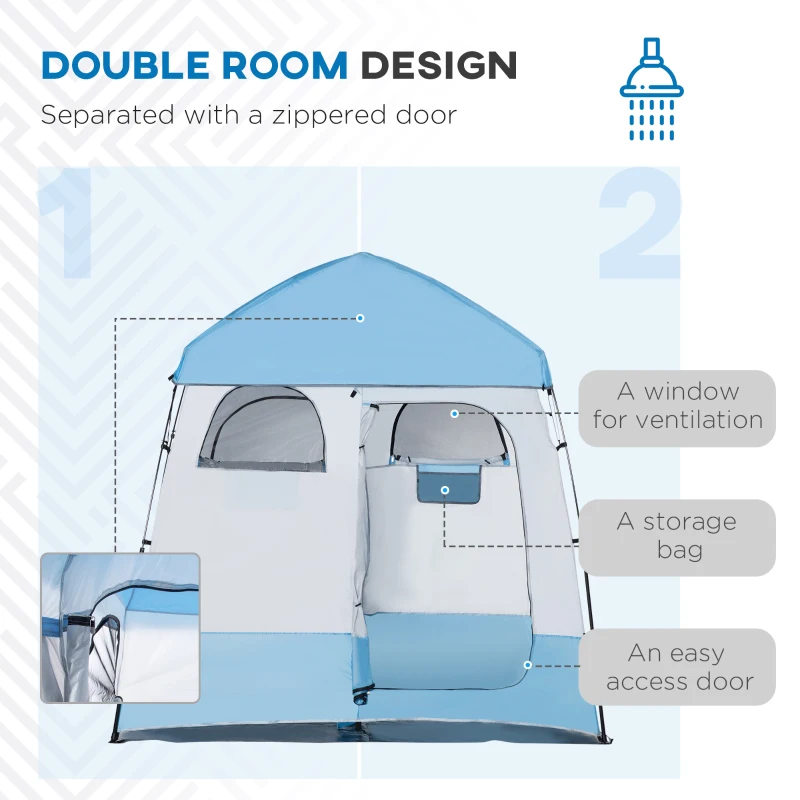 Outsunny Pop Up Shower Tent, Portable Privacy Shelter for 2 Persons, Changing Room with 2 Windows, 3 Doors, Carrying Bag, Grey and Blue