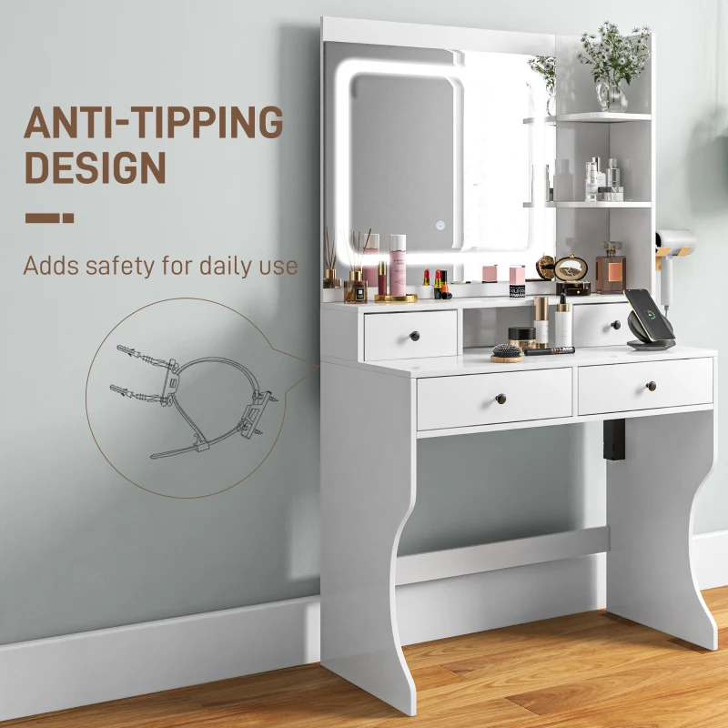 HOMCOM Dressing Table with Lighted Mirror, Vanity Table with Charging Station, USB Ports, Drawers, Storage Shelves, White