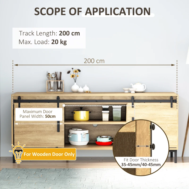 HOMCOM 6.6FT Mini Barn Door Hardware Kit, Sliding Barn Door Cabinet Hardware Kit for 19.5"W Double Doors, Black