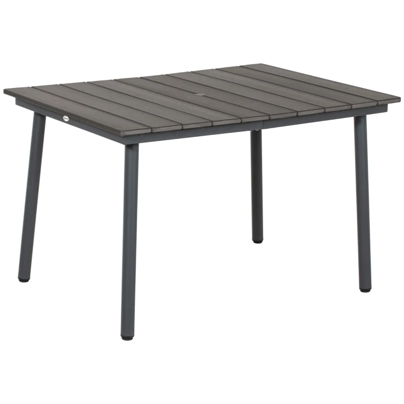 Outsunny 47" Outdoor Dining Table with Umbrella Hole, Aluminium Frame, HDPE Table Top, Slatted Design for Backyard, Dark Grey