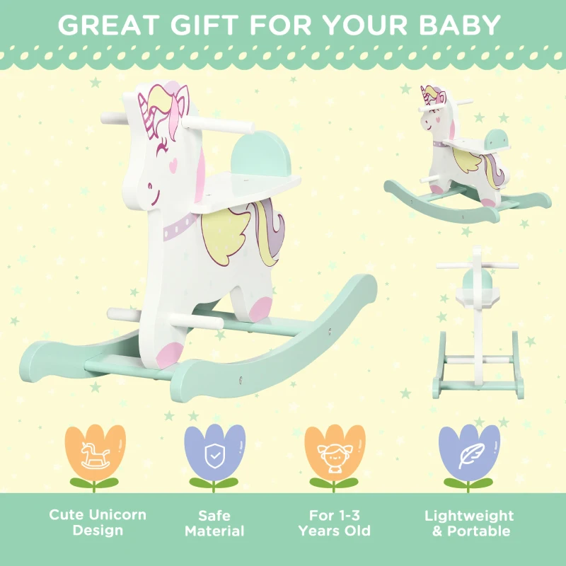 Qaba Wooden Rocking Horse Toddler Rocker Ride On Unicorn for 1-3 Years Old Baby Toy Girl and Boy Gift