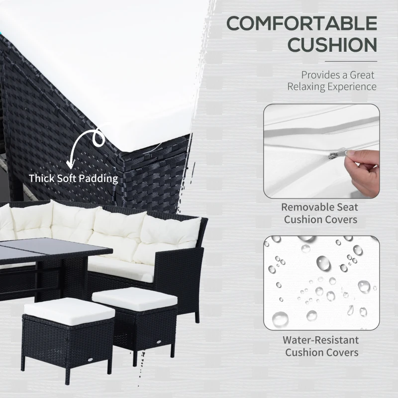 Outsunny 6pcs Outdoor Rattan Sofa Set Garden Wicker Sectional Couch Furniture Set with Dining Table and Chair White