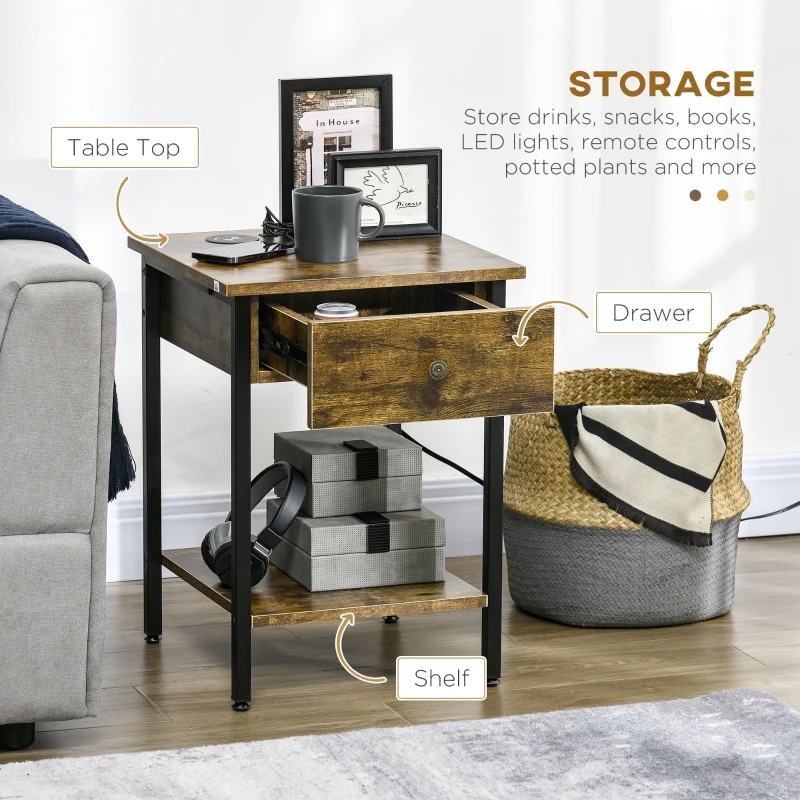 HOMCOM End Table with Wireless Charging Station, 2 USB Ports, Rustic Brown