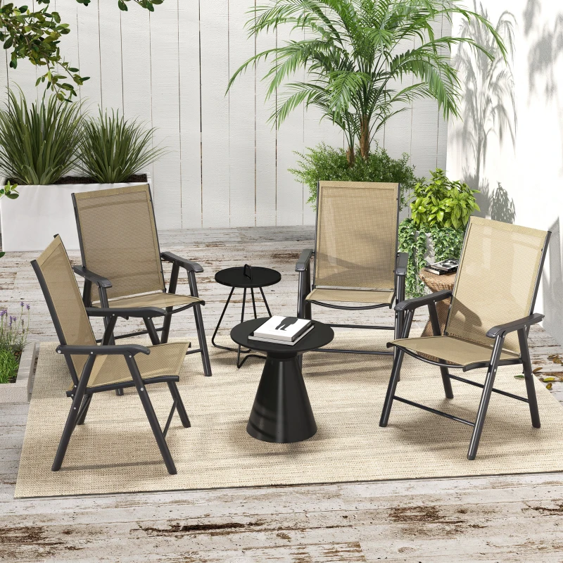 Outsunny Set of 4 Outdoor Folding Chairs, Stackable Patio Dining Chairs with Armrests, Metal Frame, Light Mixed Brown