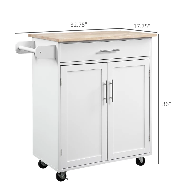 HOMCOM Kitchen Island Cart, Rolling Island Table with Solid Wood Top, Trolley Cart with Drawer, Storage Cabinet & Towel Rack, White