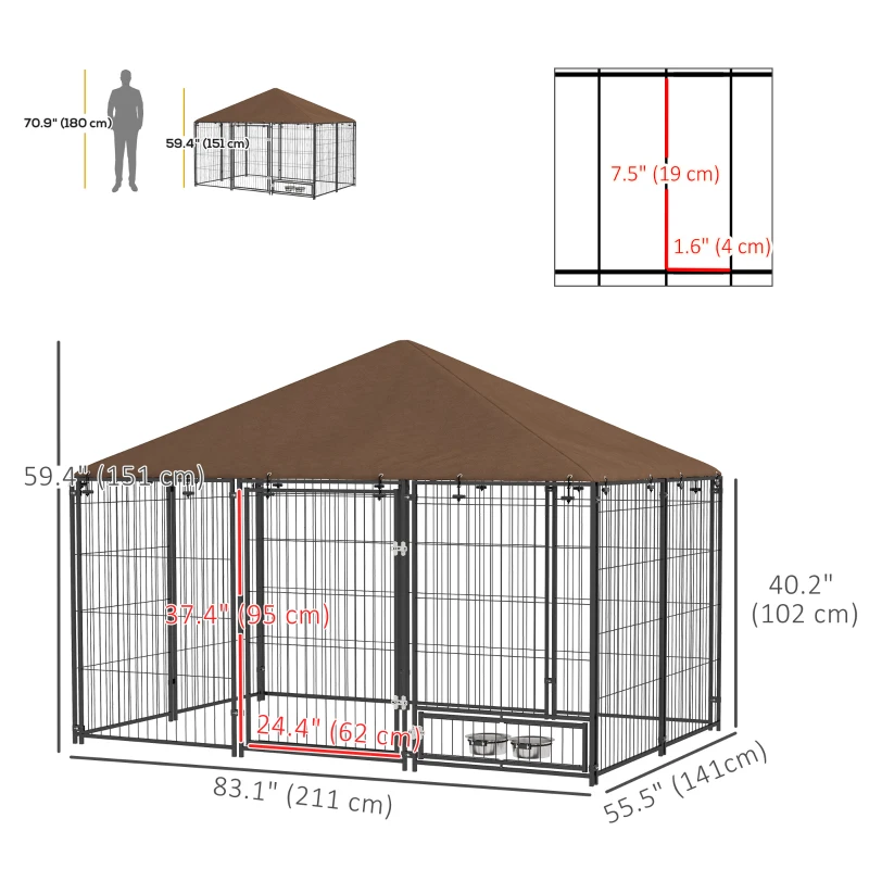 PawHut 6.9' x 4.6' x 5' Outdoor Dog Kennel with Canopy, Rotating Bowls, Coffee