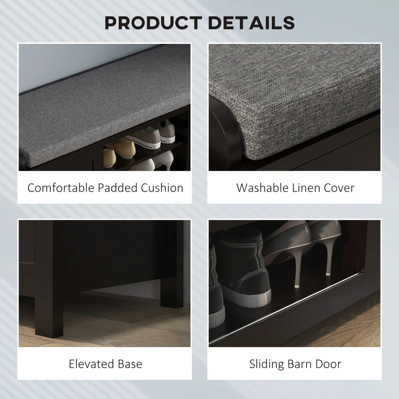 HOMCOM Modern Shoe Storage Bench, Entry Way Bench with Cushion, 2 Sliding Doors, Storage Ottoman Bench, Holds 10 Pairs, Black